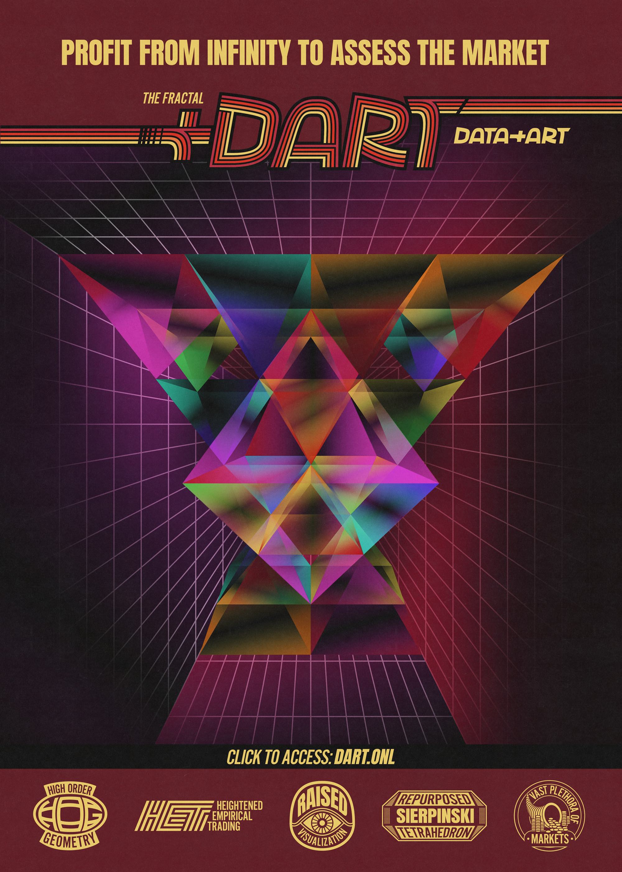 A colorful retro poster like cover containing an image of a stylized Sierpinski fractal 
        at the center and several writings and badges with slogans. The main title reads: Profit from infinity to assess the market