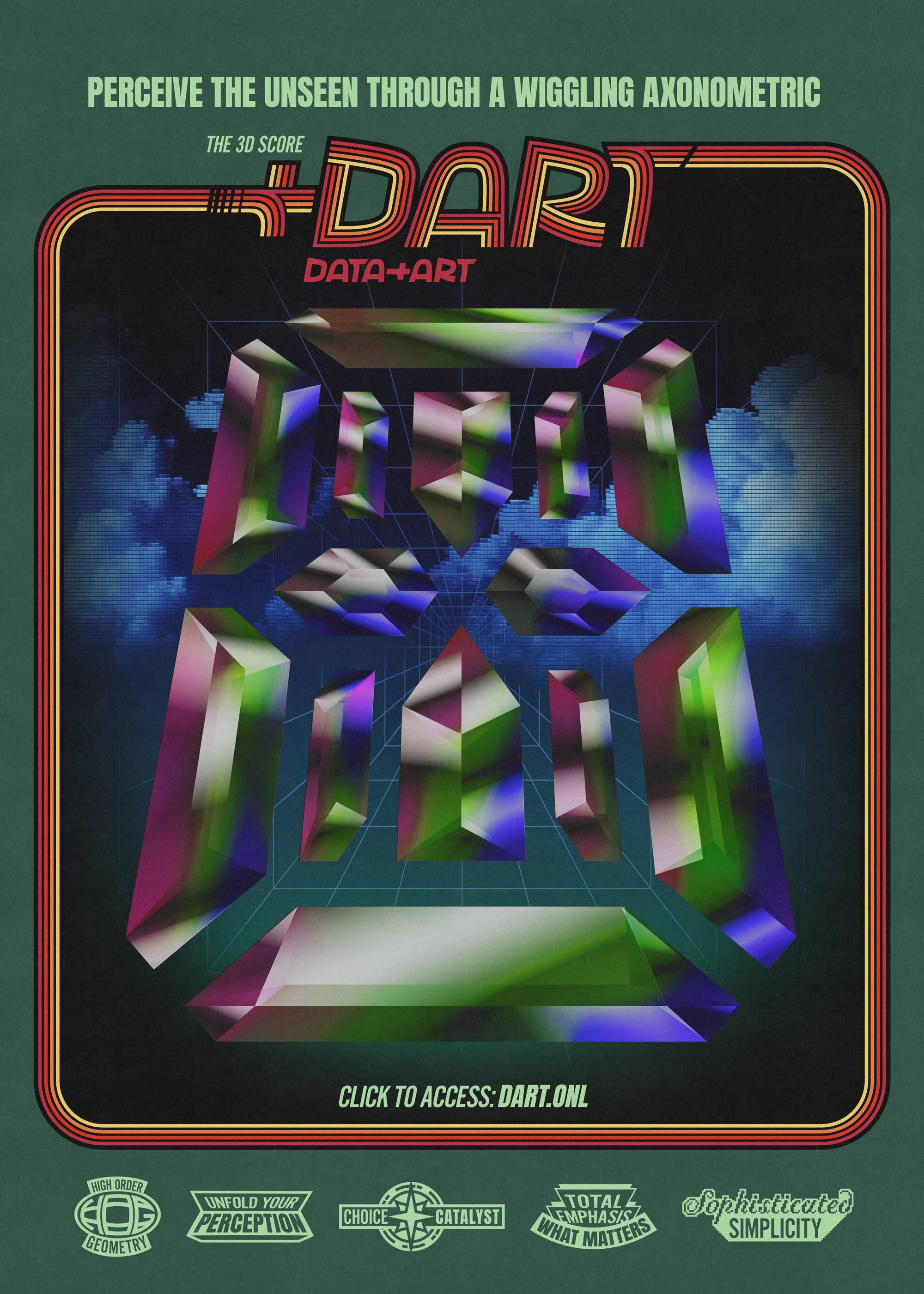 A green retro poster like cover containing an image of 3D colorful segments that form numbers / letters like old LCD displays, in
         the front of a clouded pixelated horizon. Several writings and badges with slogans stand on the botton and the main title reads: Perceive the unseen through a wiggling axonometric