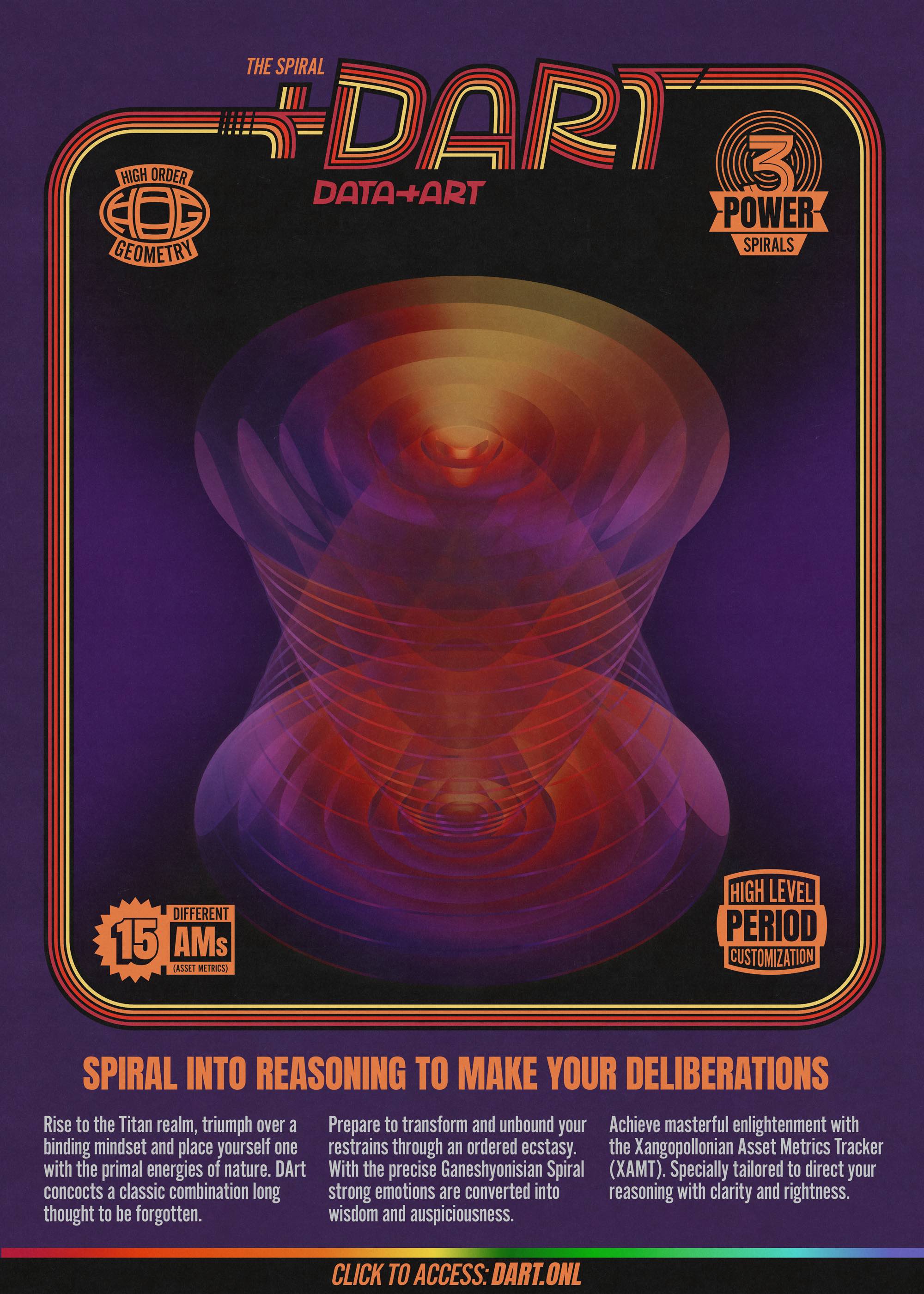 A retro poster like cover, tinted in a deep purple color, containing the image representation of spiral like forms that can be interpreted as being different things. 
        Badges with slogans are present and 2 text groups, one making an homage to The Birth of Tragedy book and the main title reads: Spiral into reasoning to make your deliberations