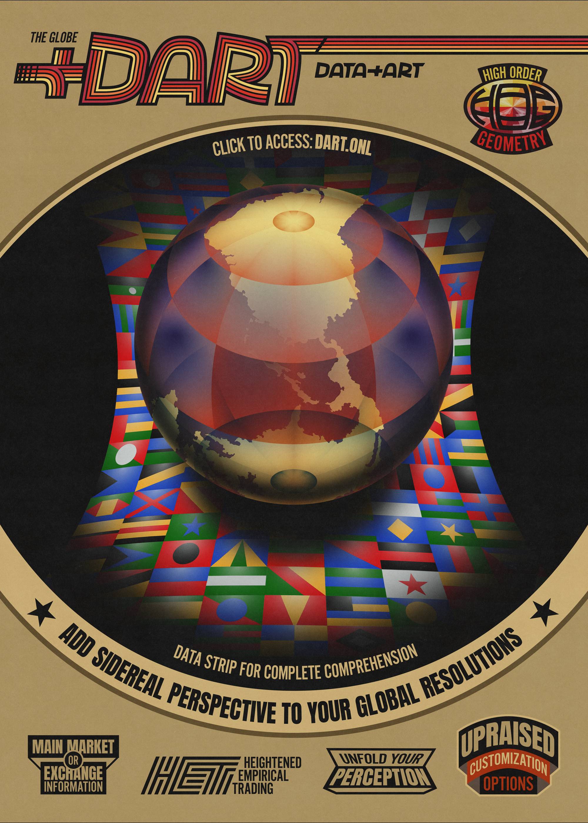 A retro poster like cover containing an image of the planet earth in the front of blanket of imaginary flags. 
        Several writings and badges with slogans are present and the main title reads: Add sidereal perspective to your global resolutions